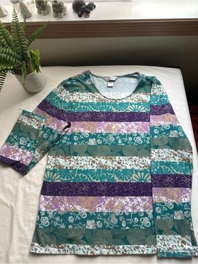 Christopher & Banks Green Purple Floral Patchwork Long Sleeve Top Size S